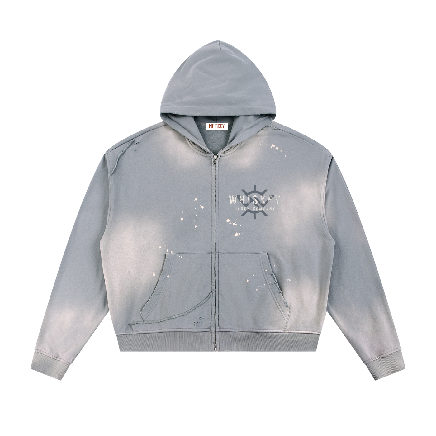 Whiskey Ranch Company Sun Faded Frayed Raw Edge Fleece Zip Bronc Hoodie