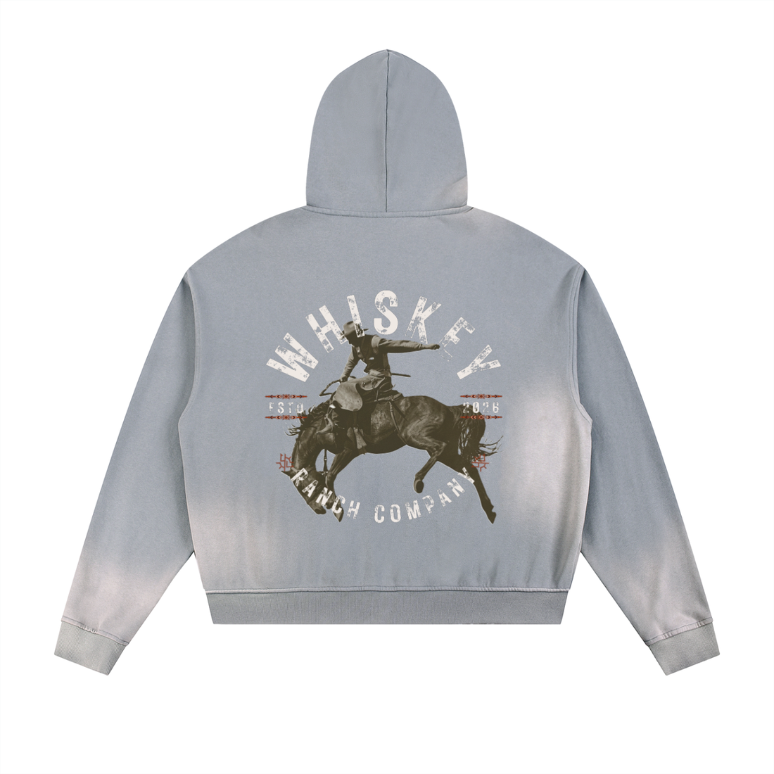 Whiskey Ranch Company Sun Faded Frayed Raw Edge Fleece Zip Bronc Hoodie