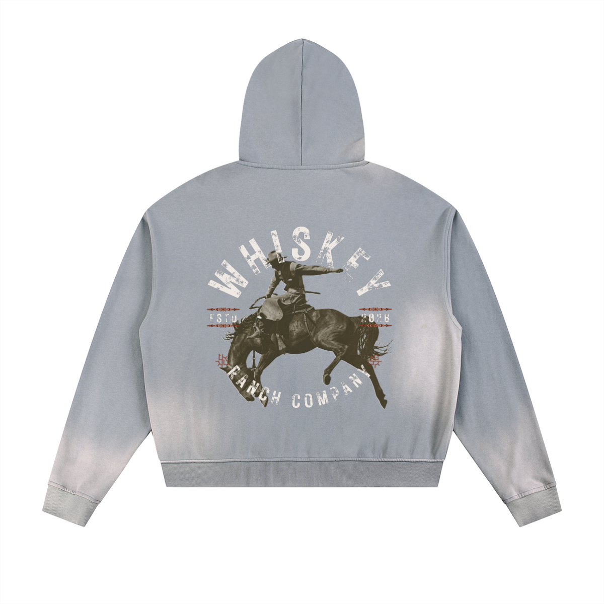 Whiskey Ranch Company Sun Faded Frayed Raw Edge Fleece Zip Bronc Hoodie